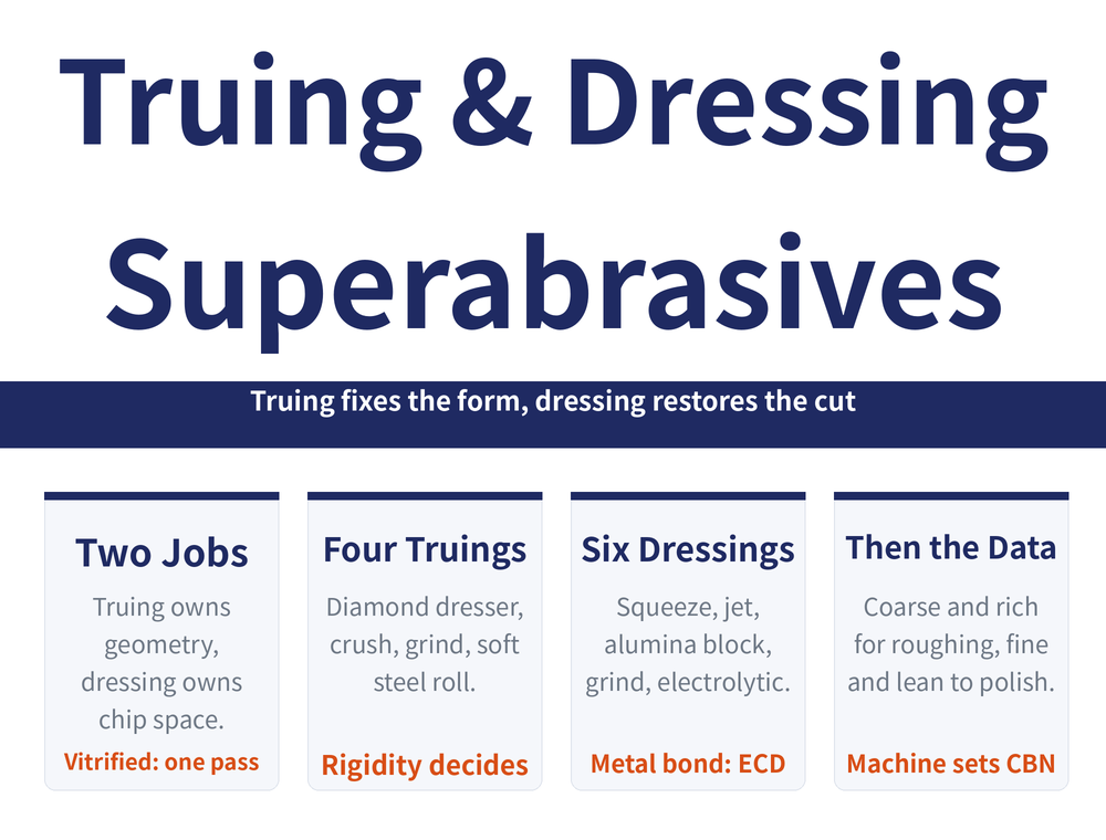 Superabrasive wheel truing and dressing hero card: title 'Conditioning a superabrasive wheel / truing, dressing, grit and concentration', ribbon 'Truing fixes the form, dressing restores the cut, dense bonds need both separately'; four cards — Two separate jobs (truing owns geometry / dressing owns chip space and exposed grain / vitrified bonds allow both at once), Four truing methods (diamond dresser / crush / grind truing / soft steel roll), Six dressing methods (squeeze roll / jet / alumina block infeed / grind / electrolytic / hydro jet), Then set the data (roughing coarse grit high concentration / polishing fine grit low concentration / CBN speed limited by the machine)