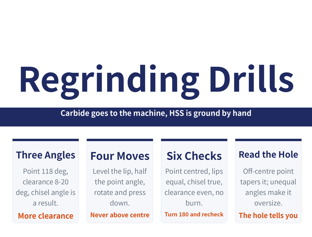 Drill regrinding hero card: title 'Regrinding Drills', ribbon 'Carbide goes to the machine, HSS is ground by hand'; four cards — Three Angles (point 118 deg, clearance 8-20 deg, chisel angle is a result; more clearance on smaller drills), Four Moves (level the lip, half the point angle, rotate and press down; never above centre), Six Checks (point centred, lips equal, chisel true, clearance even, no burn; turn 180 and recheck), Read the Hole (off-centre point tapers it, unequal angles make it oversize; the hole tells you)