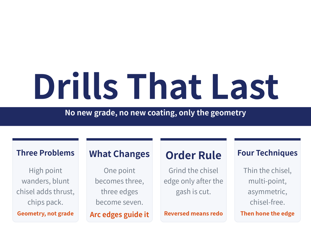 Drill life regrinding hero card: title 'Drills That Last', ribbon 'No new grade, no new coating, only the geometry'; four cards — Three Problems (high point wanders, blunt chisel adds thrust, chips pack; geometry not grade), What Changes (one point becomes three, three edges become seven; arc edges guide it), Order Rule (grind the chisel edge only after the gash is cut; reversed means redo), Four Techniques (thin the chisel, multi-point, asymmetric, chisel-free; then hone the edge)