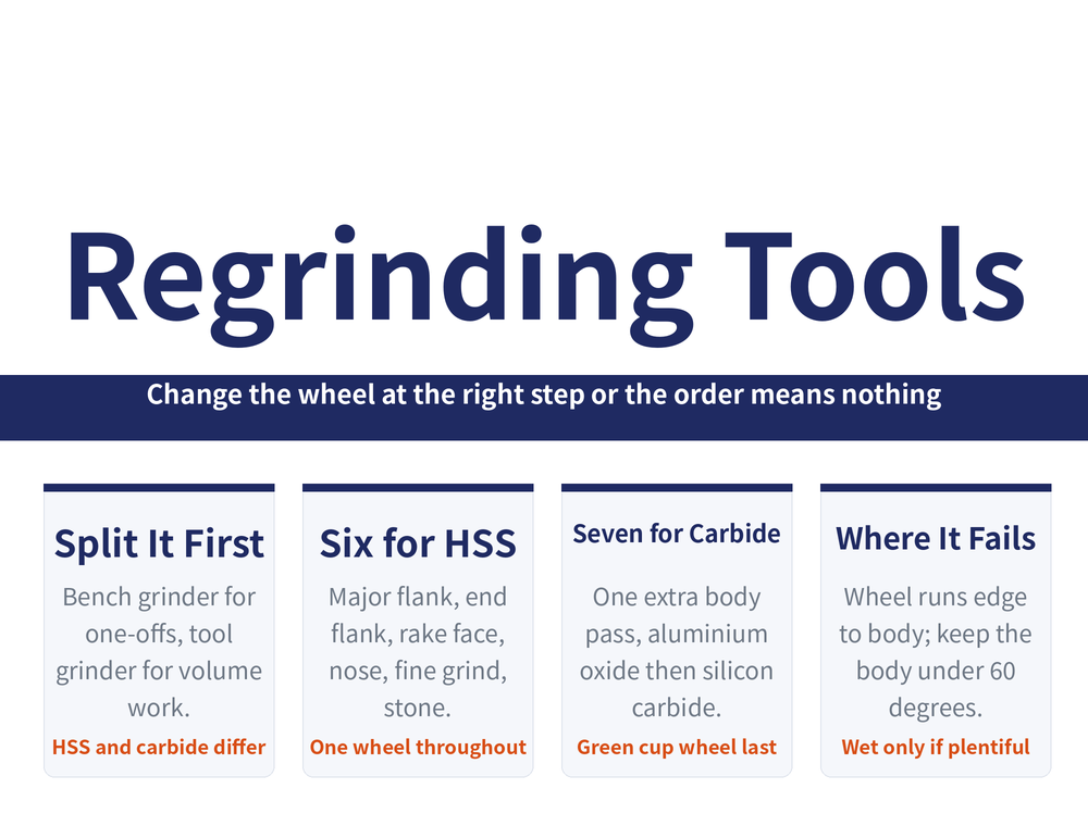 Turning tool regrinding hero card: title 'Regrinding Tools', ribbon 'Change the wheel at the right step or the order means nothing'; four cards — Split It First (bench grinder for one-offs, tool grinder for volume work; HSS and carbide differ), Six for HSS (major flank, end flank, rake face, nose, fine grind, stone; one wheel throughout), Seven for Carbide (one extra body pass, aluminium oxide then silicon carbide; green cup wheel last), Where It Fails (wheel runs edge to body, keep the body under 60 degrees; wet only if plentiful)
