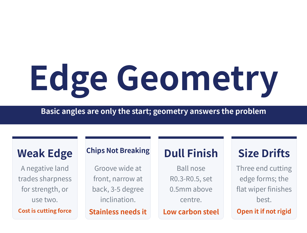 Turning tool geometry hero card: title 'Edge Geometry', ribbon 'Basic angles are only the start; geometry answers the problem'; four cards — Weak Edge (a negative land trades sharpness for strength, or use two; cost is cutting force), Chips Not Breaking (groove wide at front, narrow at back, 3-5 degree inclination; stainless needs it), Dull Finish (ball nose R0.3-R0.5, set 0.5mm above centre; low carbon steel), Size Drifts (three end cutting edge forms, the flat wiper finishes best; open it if not rigid)