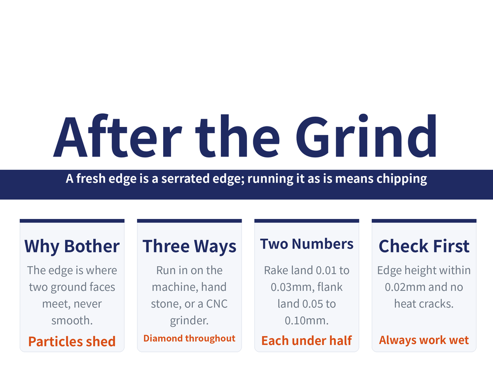 Edge preparation hero card: title 'After the Grind', ribbon 'A fresh edge is a serrated edge; running it as is means chipping'; four cards — Why Bother (the edge is where two ground faces meet, never smooth; particles shed), Three Ways (run in on the machine, hand stone, or a CNC grinder; diamond throughout), Two Numbers (rake land 0.01 to 0.03mm, flank land 0.05 to 0.10mm; each under half), Check First (edge height within 0.02mm and no heat cracks; always work wet)