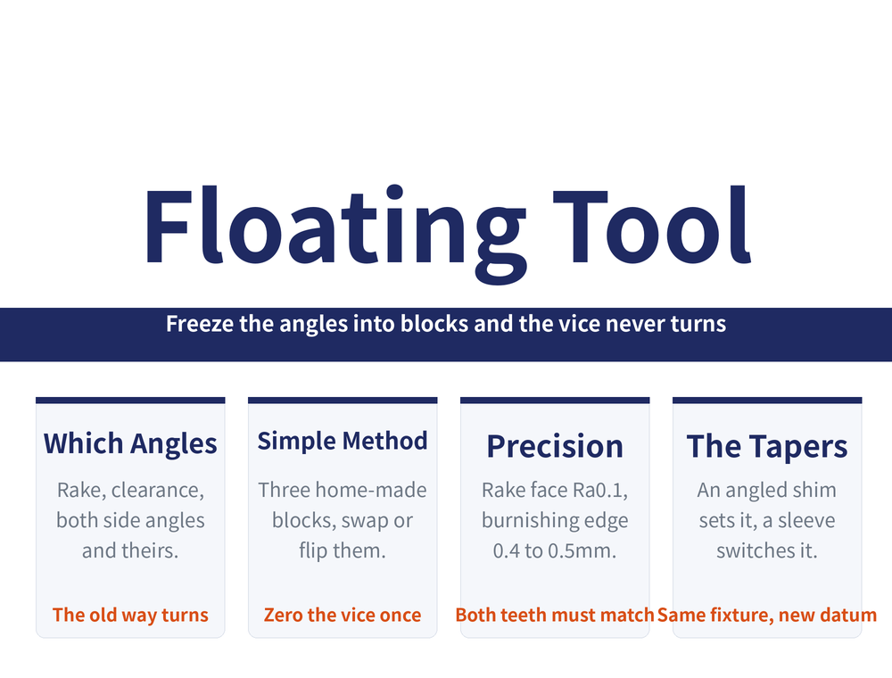 Floating boring tool regrinding hero card: title 'Floating Tool', ribbon 'Freeze the angles into blocks and the vice never turns'; four quick cards — Which Angles (rake, clearance, both side angles and theirs / keyword: the old way turns), Simple Method (three home-made blocks, swap or flip them / keyword: zero the vice once), Precision (rake face Ra0.1, burnishing edge 0.4 to 0.5mm / keyword: both teeth must match), The Tapers (an angled shim sets it, a sleeve switches it / keyword: same fixture, new datum)