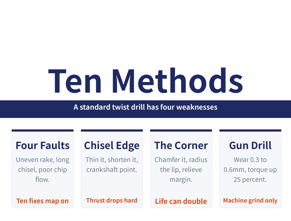 Drill regrinding hero card: title 'Ten Methods', ribbon 'A standard twist drill has four weaknesses'; four quick cards — Four Faults (Uneven rake, long chisel, poor chip flow. / keyword: Ten fixes map on), Chisel Edge (Thin it, shorten it, crankshaft point. / keyword: Thrust drops hard), The Corner (Chamfer it, radius the lip, relieve margin. / keyword: Life can double), Gun Drill (Wear 0.3 to 0.6mm, torque up 25 percent. / keyword: Machine grind only)