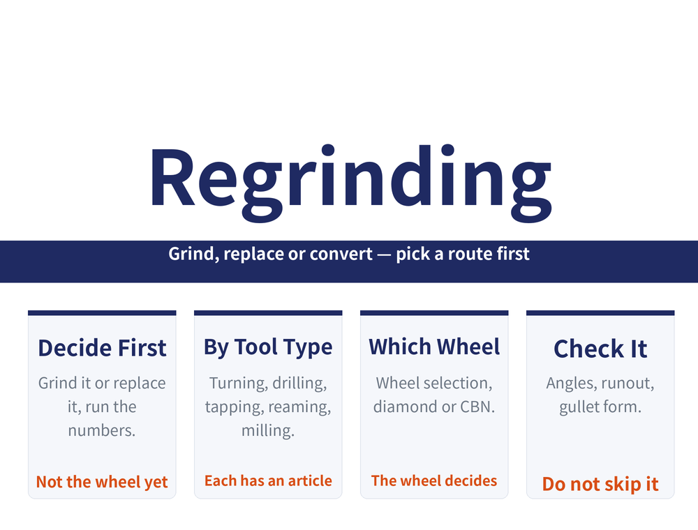 Tool regrinding pillar guide hero card: title 'Regrinding', ribbon 'Grind, replace or convert — pick a route first'; four quick cards — Decide First (Grind it or replace it, run the numbers. / keyword: Not the wheel yet), By Tool Type (Turning, drilling, tapping, reaming, milling. / keyword: Each has an article), Which Wheel (Wheel selection, diamond or CBN. / keyword: The wheel decides), Check It (Angles, runout, gullet form. / keyword: Do not skip it)