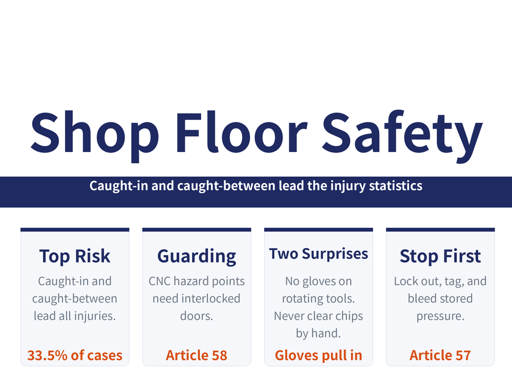 Shop floor safety summary card with four panels. Panel one, Top Risk: caught-in and caught-between lead all injuries, 33.5% of cases. Panel two, Guarding: CNC hazard points need interlocked doors, Article 58. Panel three, Two Surprises: no gloves on rotating tools, never clear chips by hand, gloves pull you in. Panel four, Stop First: lock out, tag, and bleed stored pressure, Article 57. Banner text: caught-in and caught-between lead the injury statistics.