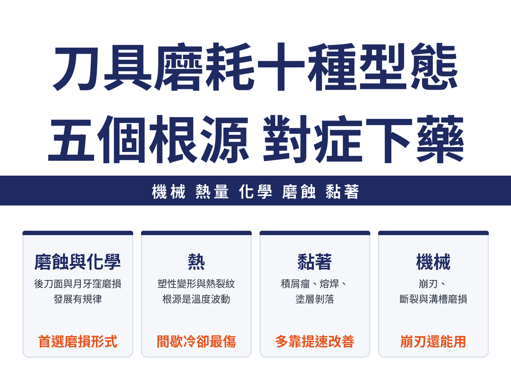 刀具磨耗十種型態怎麼認：五個根源分別是機械、熱量、化學、磨蝕、黏著。磨蝕與化學卡：後刀面與月牙窪磨損、發展有規律，是首選磨損形式；熱卡：塑性變形與熱裂紋、根源是溫度波動，間歇冷卻最傷；黏著卡：積屑瘤、熔焊、塗層剝落，多靠提速改善；機械卡：崩刃、斷裂與溝槽磨損，崩刃還能用