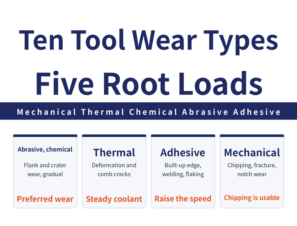Ten tool wear types under five root loads: mechanical, thermal, chemical, abrasive and adhesive. Abrasive and chemical card: flank and crater wear, gradual and predictable, the preferred wear; thermal card: plastic deformation and comb cracks, steady coolant; adhesive card: built-up edge, edge welding, coating flaking, raise the speed; mechanical card: chipping, fracture and notch wear, chipping is still usable