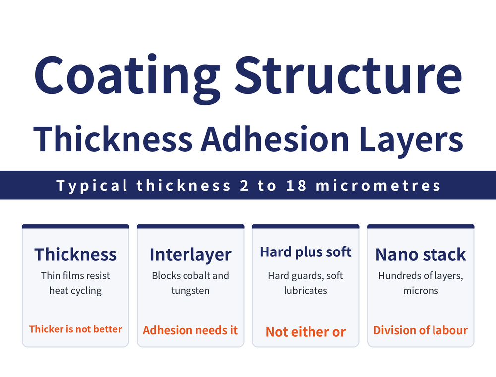 Coating structure explained: typical thickness 2 to 18 micrometres. Thickness card: thin films resist heat cycling, thicker is not better; Interlayer card: blocks cobalt and tungsten diffusion, adhesion needs it; Hard plus soft card: hard film guards the edge while soft film lubricates, not either or; Nano stack card: hundreds of layers only microns thick, a division of labour rather than piling on material