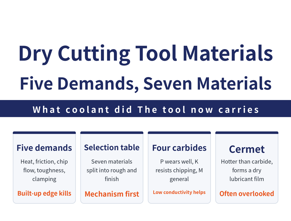 Dry cutting tool materials in four cards: five requirements card, heat resistance, low friction, chip evacuation structure, toughness and secure clamping; selection card, seven workpiece materials split into roughing and finishing columns; four carbide classes card, P for wear resistance, K against chipping, ultra-fine grain for both, M as general purpose; cermet card, higher heat resistance than carbide and forms a dry lubricating film
