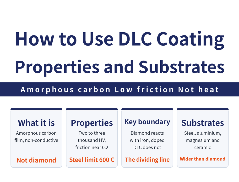 DLC coating in four cards: nature card, amorphous carbon film, non-conductive, dark brown to dark grey; properties card, microhardness two to three thousand HV, dry friction coefficient about zero point two, six hundred degrees on steel substrates; boundary card, diamond coating suffers chemical wear on ferrous material while doped DLC can machine steel; substrate card, steel aluminium magnesium and ceramic all accept DLC, a wider range than diamond coating