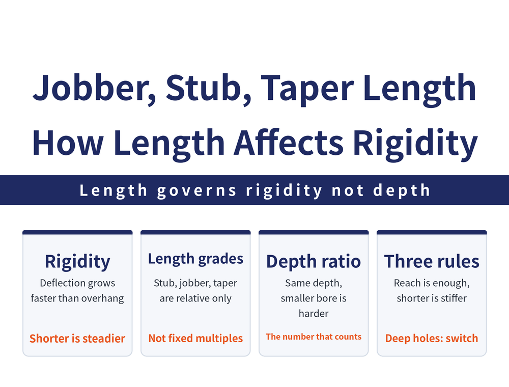 Drill length selection in four cards: rigidity card, deflection grows faster than overhang so shorter is steadier; length grades card, stub, jobber and taper length are relative grades not fixed multiples; depth ratio card, the boundaries between general drills, 20D and 30D to 50D coolant-fed drills; rule card, reach is enough, shorter is stiffer, deep holes need a dedicated system