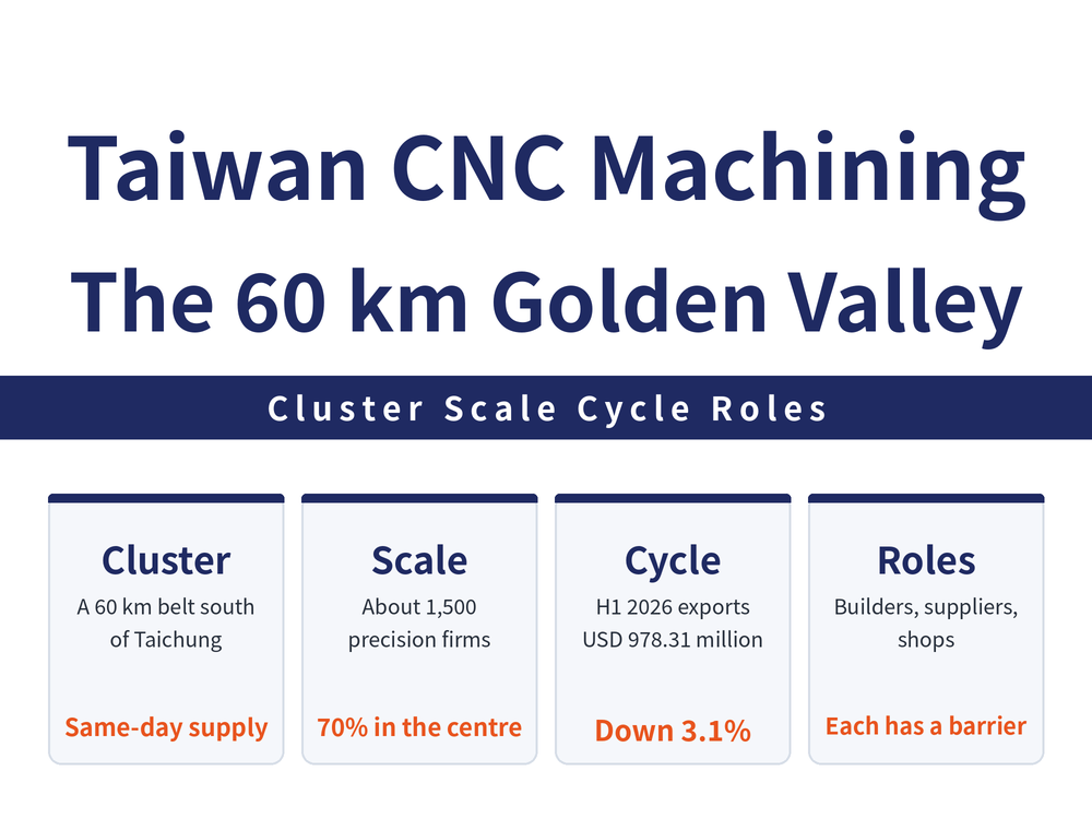 Taiwan CNC machining industry overview: the cluster sits in a 60-kilometre Golden Valley in central Taiwan; roughly 1,500 precision machinery firms and tens of thousands of upstream and downstream businesses, about seventy percent located in central Taiwan; machine tool exports in the first half of 2026 were USD 978.31 million, down 3.1 percent year on year; industry roles split into machine builders, component suppliers, machine shops and research institutes such as the Precision Machinery Research and Development Center PMC