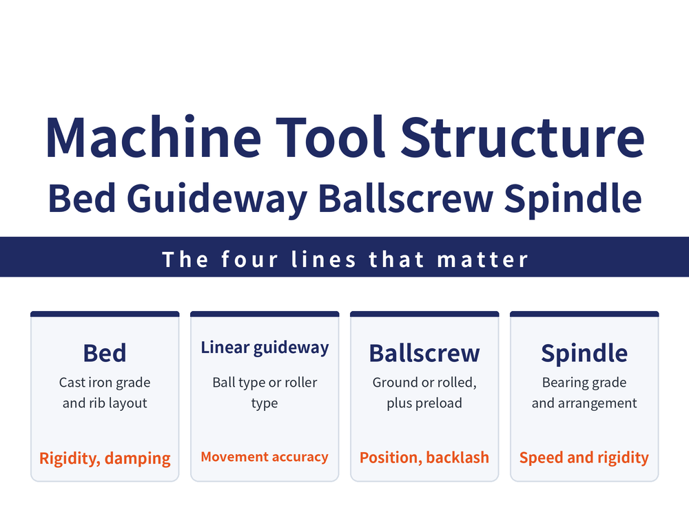 Four structural parts of a machine tool: the bed uses Meehanite cast iron and cross ribbing for rigidity and vibration damping; linear guideways come in ball and roller types and set the accuracy of movement; ballscrews come in ground and rolled grades and set positioning accuracy; the spindle sets speed and cutting rigidity through its bearing grade and arrangement