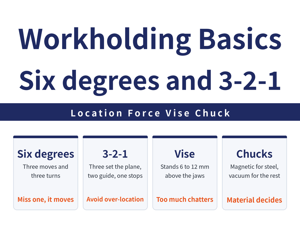 Workholding and fixture basics: location must constrain all six degrees of freedom of the part; the 3-2-1 principle uses three points to define a plane, two points to set direction and one point to set position; in vise practice the part stands roughly 6 to 12 millimetres above the jaws; non-magnetic thin parts that a magnetic chuck cannot hold are moved to a vacuum chuck