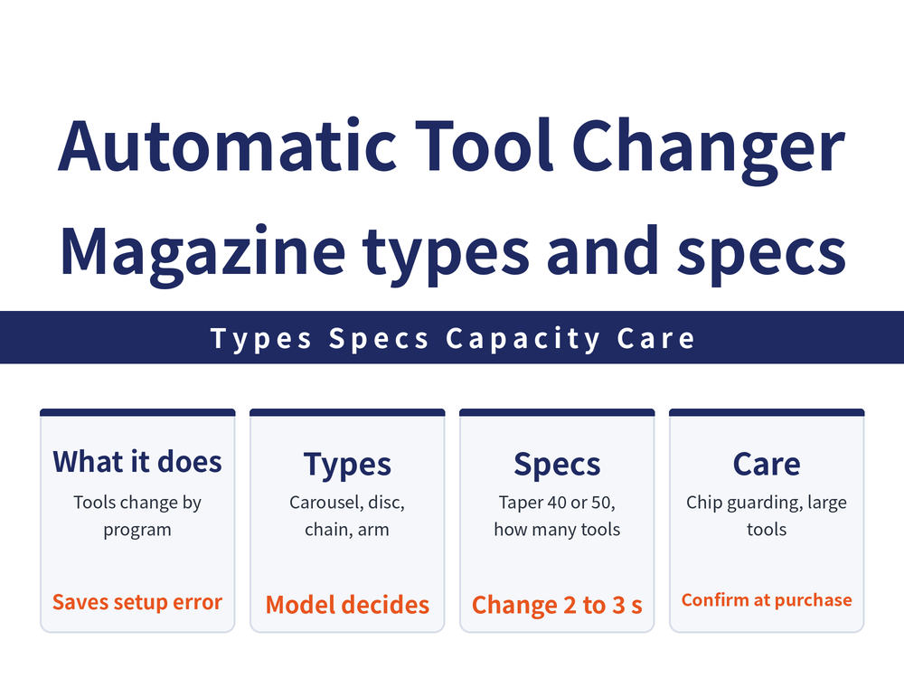 Automatic tool changer ATC and tool magazine: the ATC changes tools in the spindle automatically; common types are disc, chain, carousel, umbrella and hydraulic tool arm; specifications to read are spindle taper size 40 or 50 and tool capacity; maker manuals quote a tool change time of about 2 to 3 seconds