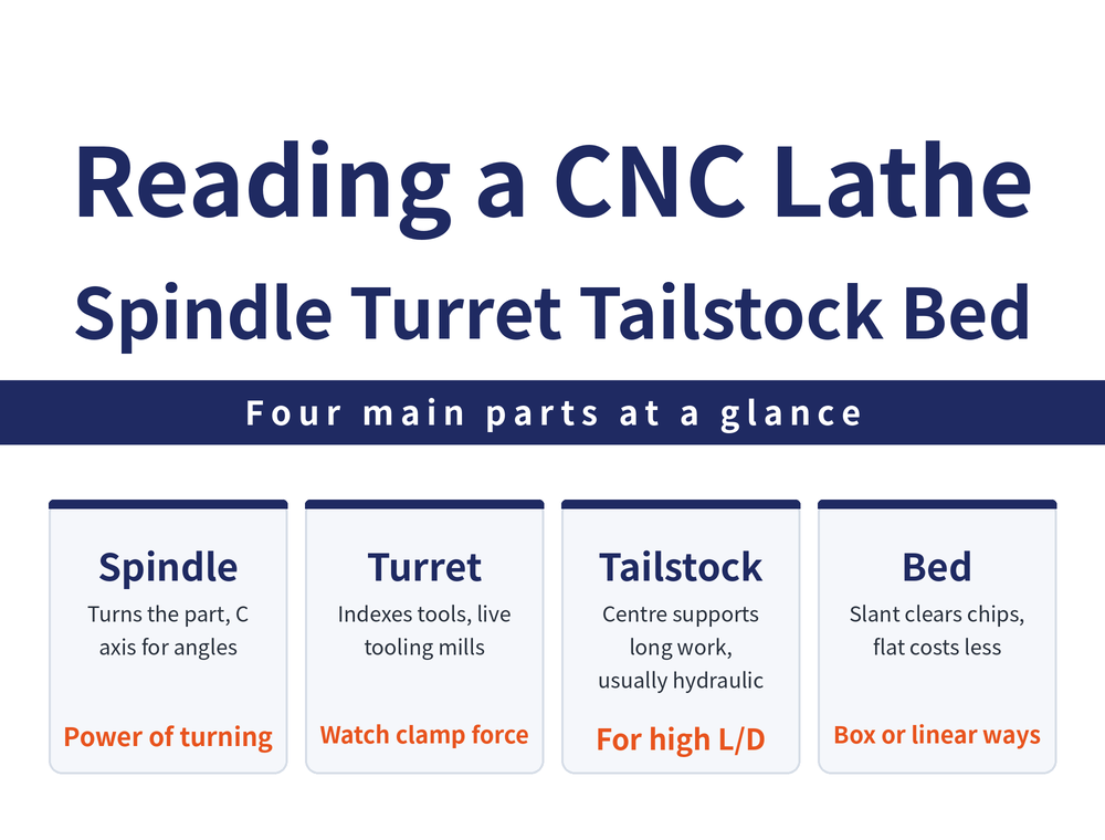 Four main parts of a CNC lathe: the spindle rotates the workpiece and can be fitted with a C axis for angular positioning; the turret holds several tools and indexes automatically, and a live tooling turret can mill and drill; the tailstock supports the far end of long work with a centre; the bed comes in slant and flat forms and sets rigidity and chip clearance