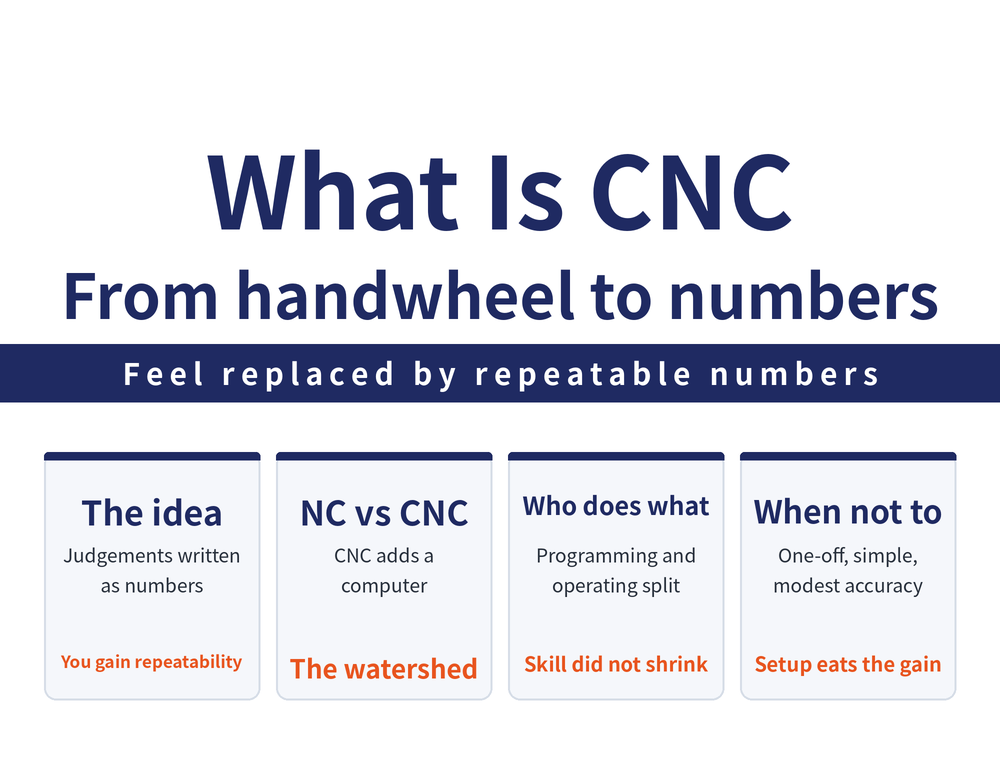 What CNC is: replacing the operator's feel with repeatable numbers; NC means numerical control, CNC adds a computer so programs can be stored and edited; the operator role splits into programming and machine tending; for a simple one-off part CNC is not economical because program and setup time dominates