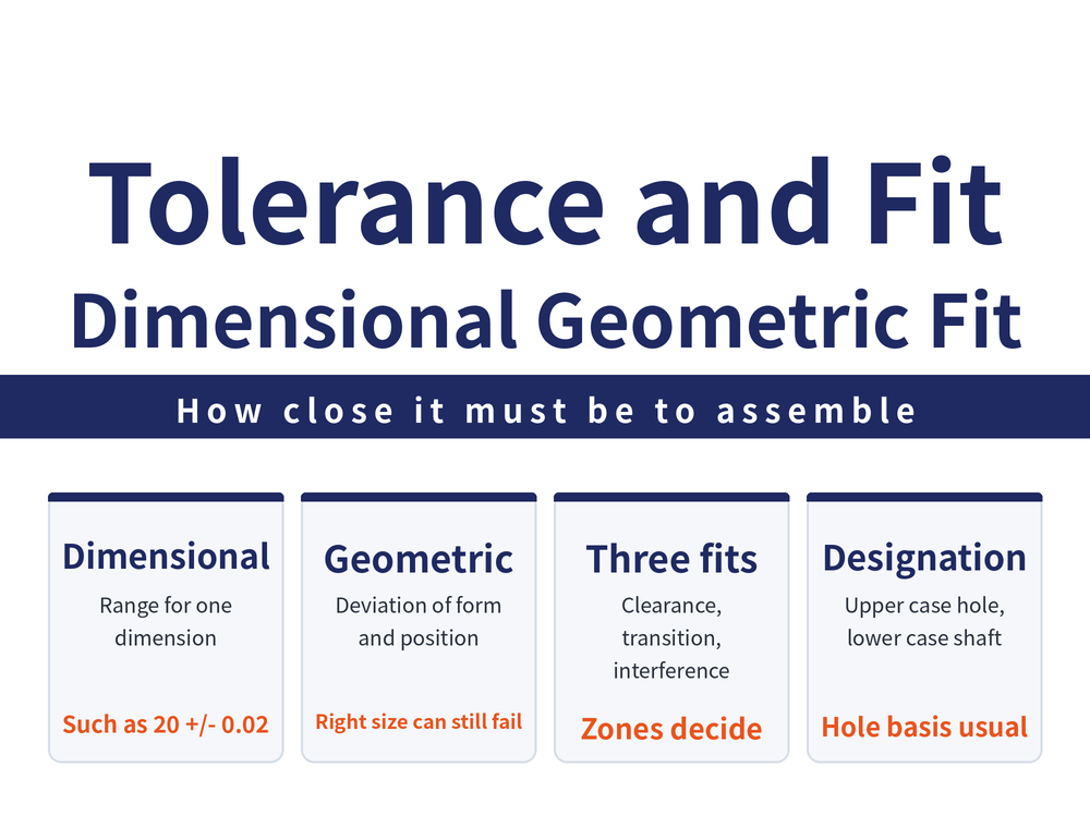 Reading tolerance and fit: dimensional tolerance sets the permitted range of a single dimension; geometric tolerance sets permitted deviation of form and position; fits divide into clearance, transition and interference according to the relative position of the hole and shaft tolerance zones; the reference system is either hole basis or shaft basis, with hole basis more common in practice