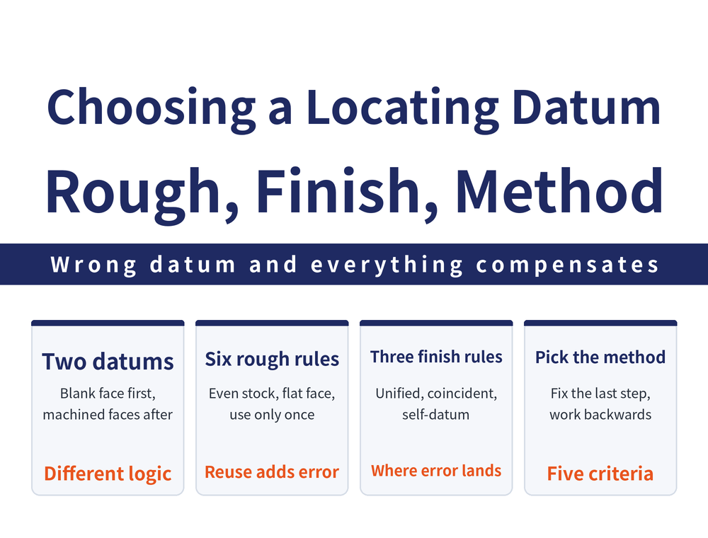 Locating datum selection in four cards: definition card, the first operation uses an unmachined blank face called the rough datum while later ones use machined faces; rough datum card, six rules including even stock and single use only; finish datum card, unified datum, coincident datum and self-datum; method card, fix the final method first then work backwards