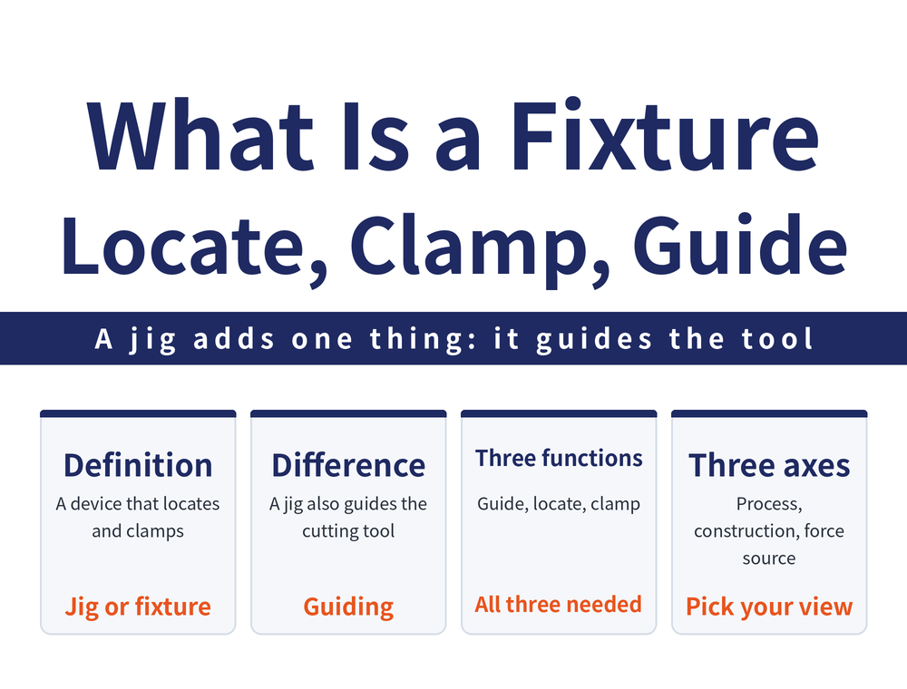 Four quick cards on what a jig and fixture is: definition card, the device that locates and clamps the workpiece is called a jig or fixture; difference card, a jig adds tool guiding on top of a fixture; function card, the basic functions are guiding, locating and clamping; classification card, the three axes are machining method, construction type and source of clamping force