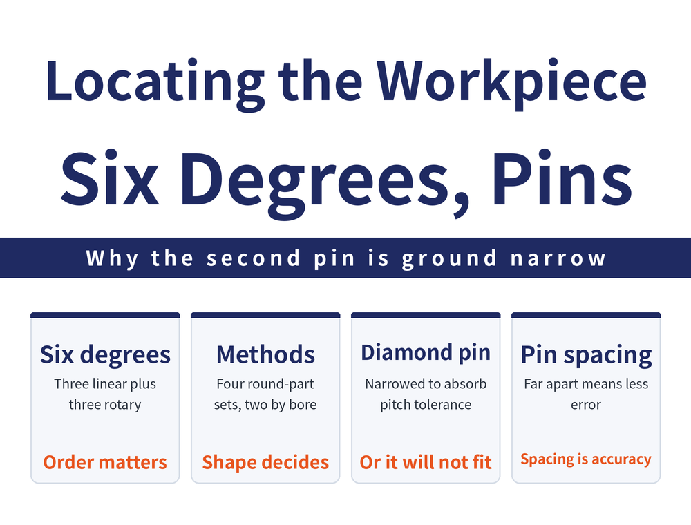 Four quick cards on workpiece location: degrees of freedom card, three linear plus three rotary axes make six degrees of freedom and they must be constrained in sequence; locating method card, four combinations for round parts and two situations for square parts located on a hole; diamond pin card, the second pin is narrowed to absorb the centre-distance tolerance stack between holes and pins; pin spacing card, pins far apart give less error while pins too close produce yaw and rotational error