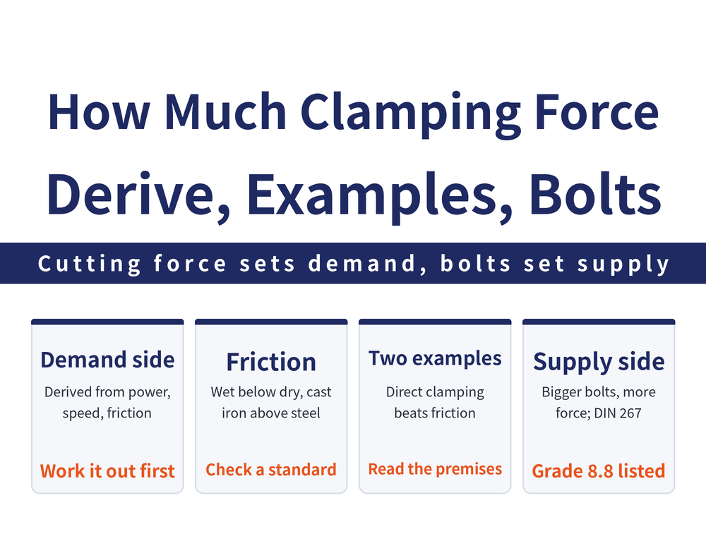 Four quick cards on clamping force calculation: demand-side card, maximum clamping force Fsp derived from cutting power, drive efficiency, cutting speed and static friction coefficient; friction card, wet below dry and cast iron on cast iron above steel on steel, take actual values from a standard table; worked example card, direct clamping needs less force than relying on friction while a biting clamp needs noticeably more; supply-side card, bolt clamping force rises with size and DIN 267 grade 8.8 bolts have standard values to look up