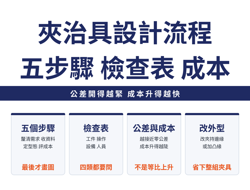 夾治具設計流程四張速覽卡:五步驟卡,釐清需求、收資料、定型態、評成本、最終設計;檢查表卡,工件、操作、設備、人員;公差成本卡,公差越緊成本升越快;外型卡,改夾持邊緣加凸緣