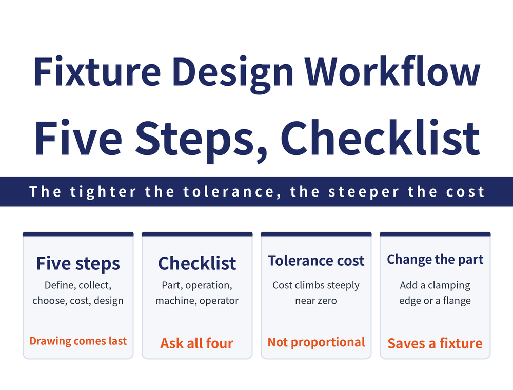 Four quick cards on the fixture design workflow: five-step card, define the requirement, collect data, choose the type, cost it, final design; checklist card, part, operation, equipment, personnel; tolerance cost card, tighter tolerance means faster cost rise; part shape card, reshape the clamping edge and add a clamping flange