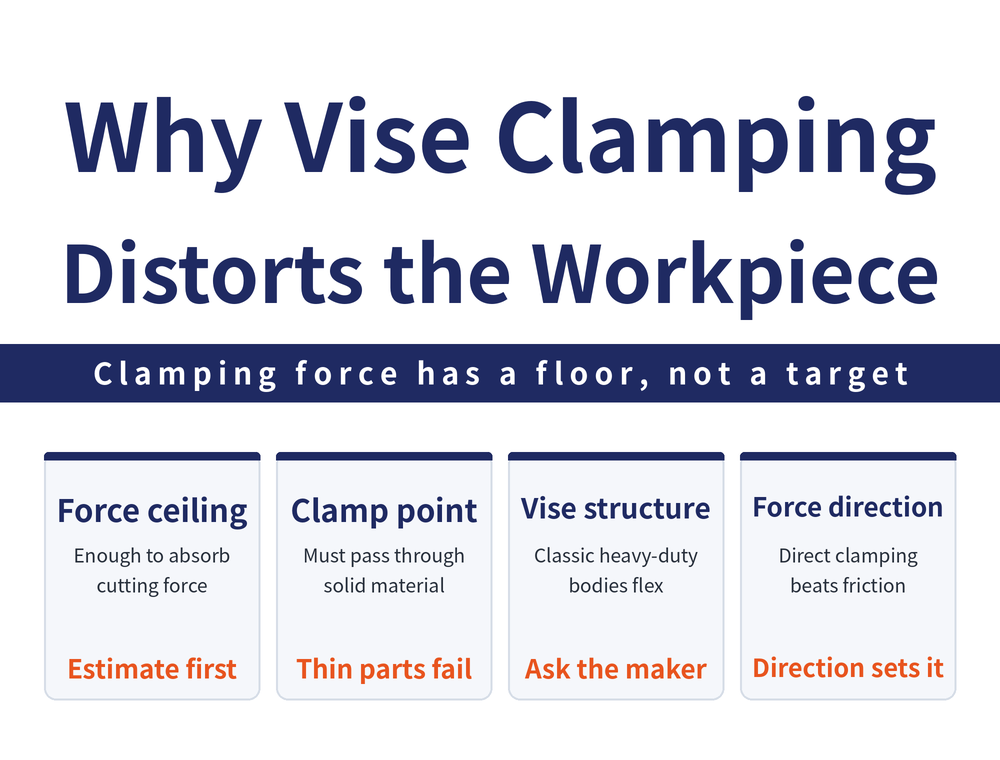 Four quick cards on vise clamping distortion: force ceiling card, enough to absorb the cutting force and no more; clamp point card, the clamp point must pass through solid material; vise structure card, free vises use an inclined face while heavy-duty vises split into classic and tie-rod bodies; force direction card, direct clamping beats relying on friction