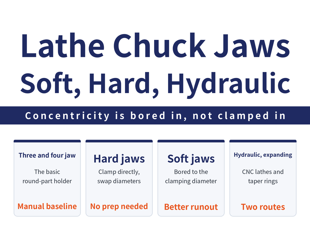 Four quick cards on lathe chucks: three- and four-jaw card, the basic round-part holder; hard jaws card, clamp directly and swap diameters with no preparation; soft jaws card, set in a jaw borer then bored to the clamping diameter for better runout; hydraulic and expanding card, hydraulic chucks are common on CNC lathes while expanding mandrels use an elastic ring and taper