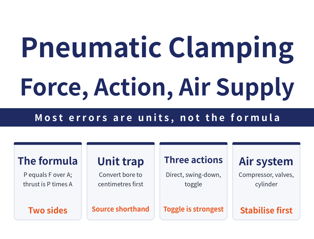 Four quick cards on pneumatic clamping: force formula card, P equals F divided by A and thrust F equals P times area; unit trap card, the source substitutes bore dk in centimetres not millimetres; action type card, direct-acting, swing and toggle clamping cylinders; air system card, compressor, three-point unit, directional control valve, pressure reducing valve and flow control valve