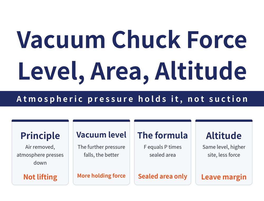 Four quick cards on vacuum chuck holding force: principle card, atmospheric pressure holds the part, not suction; vacuum level card, the further pressure drops the higher the vacuum and the greater the holding force; calculation card, F equals P times A, pressure times effective sealed area; altitude card, at the same vacuum level a higher altitude gives less holding force