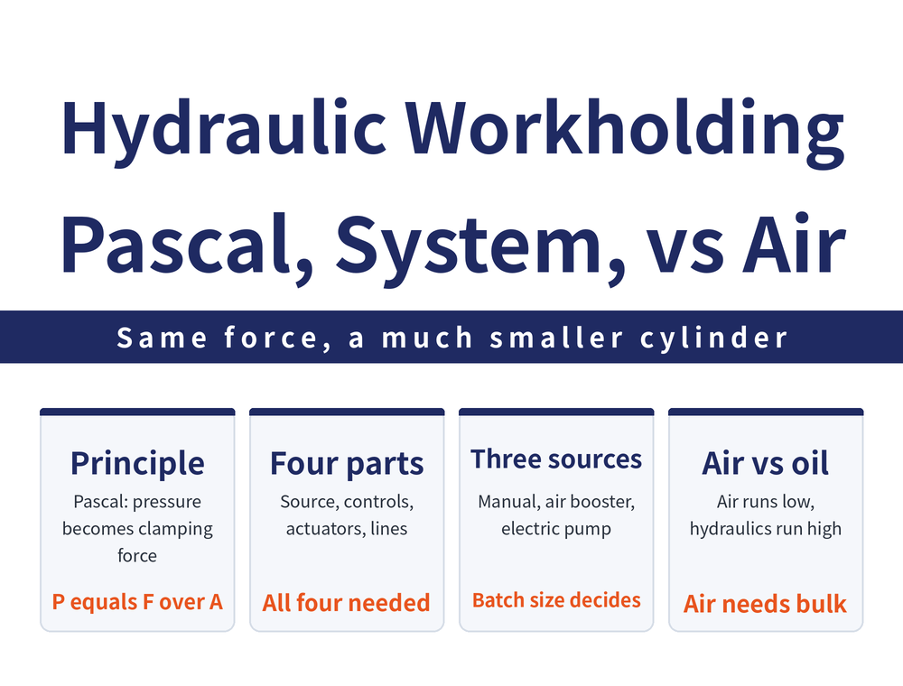 Four quick cards on hydraulic workholding basics: principle card, Pascal's principle P=F/A turns hydraulic pressure into clamping force; system card, pressure source, control elements, power transmission elements, piping fittings and monitoring devices; power source card, manual pump, air-driven intensifier and electric pump chosen by batch size; comparison card, air runs to about 7 bar while hydraulics run to 500 bar, so air cylinders are bulkier for the same force