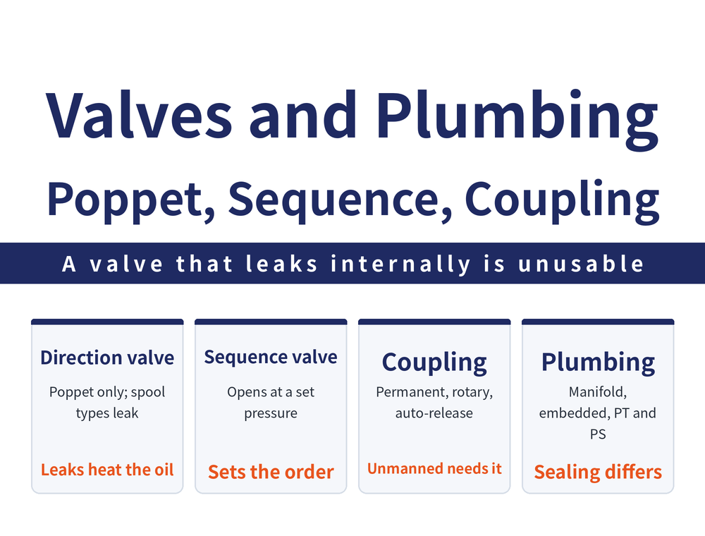 Four quick cards on hydraulic fixture valves and plumbing: directional valve card, only a leak-free poppet valve suits a hydraulic fixture while a spool type leaks internally and heats the oil; sequence valve card, the valve opens once the Pp port reaches its set pressure, and several valves can be parallel or series connected; coupling card, permanent connection, rotary couplings and rotary valves, and disconnect systems with automatic coupling; plumbing card, standard tube, double-plate fixture, manifold plate, embedded elements, and PT versus PS pipe thread sealing