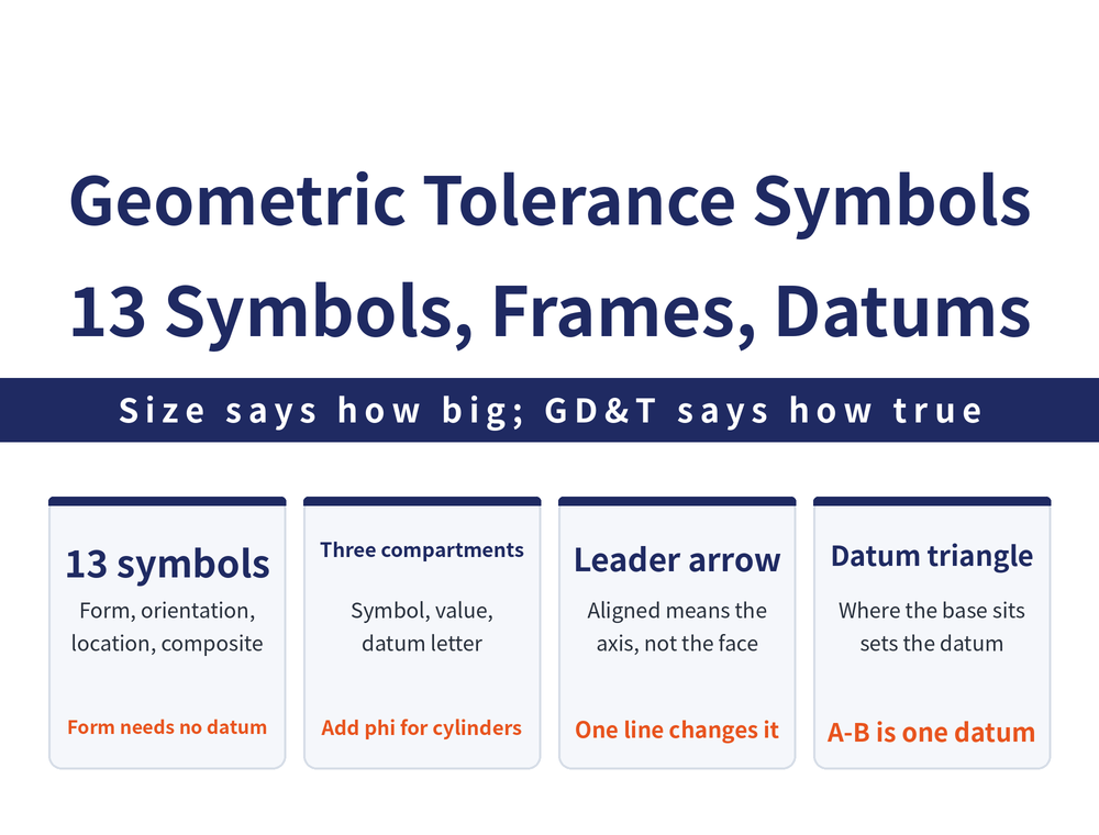 Four quick cards on geometric tolerance symbols: symbol table card, 13 symbols grouped into form, orientation, location and composite; frame card, symbol then tolerance value then datum letter from left to right; leader card, whether the arrow lines up with the dimension line decides surface or centre axis; datum card, where the base of the filled triangle sits decides what the datum is