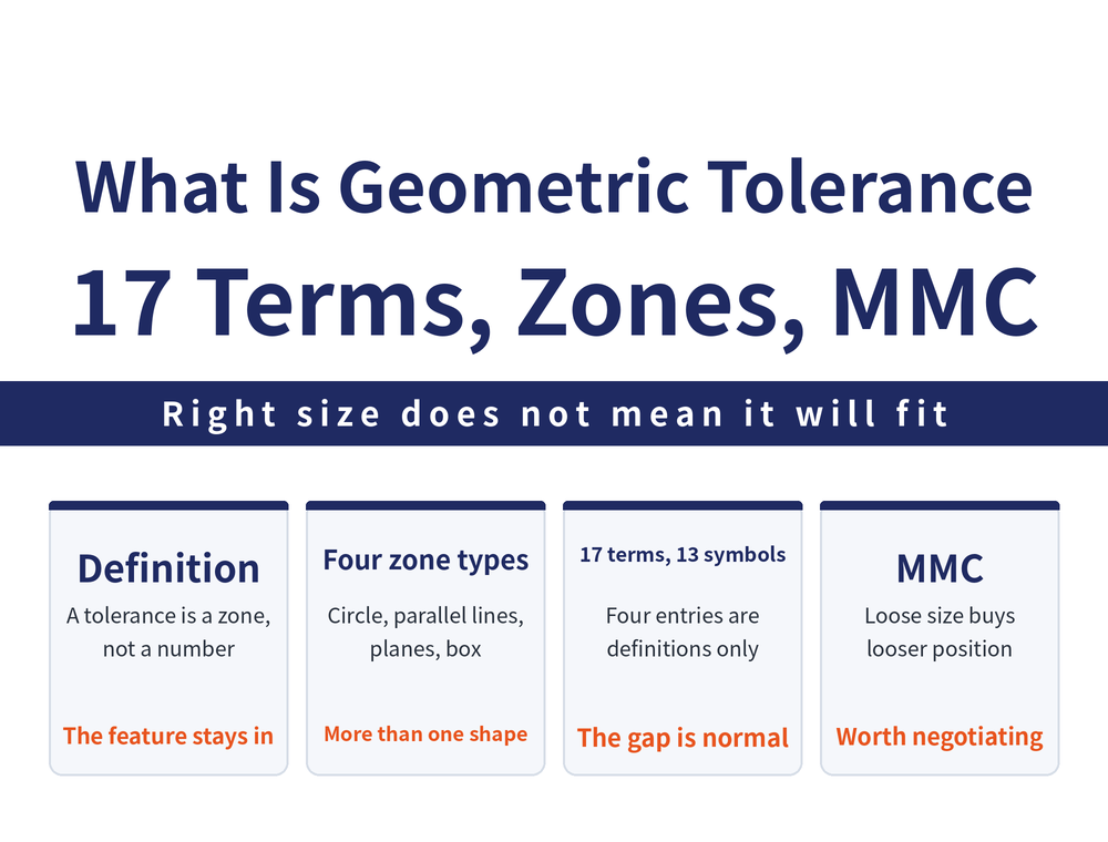 Four introductory cards on geometric tolerance: definition card, geometric tolerance means a tolerance zone the feature must lie within; zone card, the four cases a tolerance zone can be - area inside a circle or volume of a cylinder, space between two parallel curves or lines, space between two parallel curved or flat surfaces, volume of a parallelepiped; classification card, 6 form tolerances and 7 location tolerances make the 13 items that carry symbols; MMC card, when actual size moves away from the maximum material limit the geometric tolerance may exceed its stated value