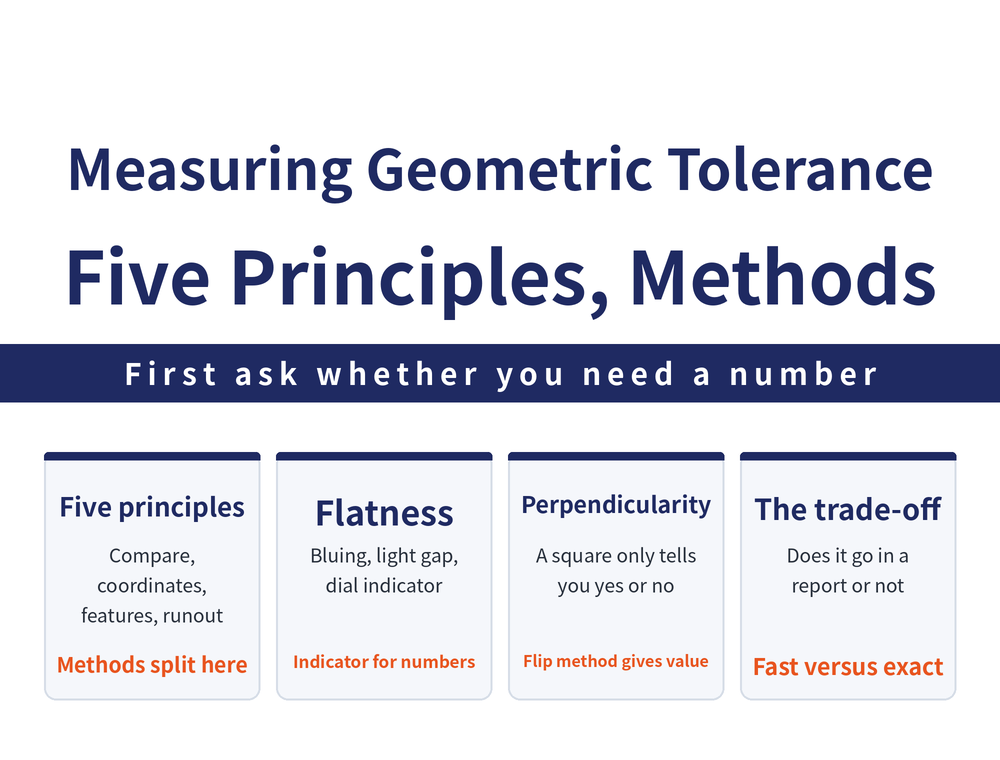 Four quick cards on geometric tolerance inspection: principles card, the five inspection principles are comparison with an ideal feature, coordinate measurement, characteristic-parameter measurement, runout measurement and control of the virtual condition boundary; flatness card, blueing, light-gap and dial indicator methods run from qualitative to quantitative; perpendicularity card, squares and cylindrical squares are qualitative only, the dial indicator flip method is what gives a number; trade-off card, whether you need a number decides which method to use