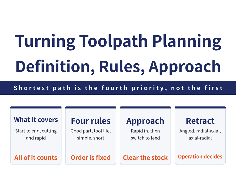 Four quick cards on turning toolpath planning: definition card, the whole route from program start to program stop including cutting and non-cutting moves; four principles card, sound part, tool life, simple calculation, shortest route; approach card, rapid to clearance then switch to feed rate, clearance must exceed the machining allowance; retract card, angular retract for outside diameter offset tools, radial-axial for grooving, axial-radial for boring