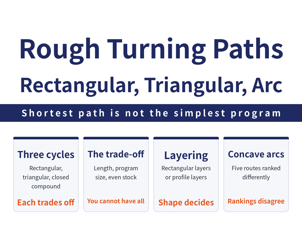 Four quick cards on rough turning path selection: three-type card, rectangular cycle, triangular cycle and closed-loop compound cycle as the three rough turning feed paths; trade-off card, total path length, program complexity and finishing allowance uniformity pulling against each other; layered card, rectangular layered cutting versus contour-parallel layered cutting for heavy stock; concave arc card, ranking of the concentric, equal-radius arc, unequal-radius arc, trapezoidal and triangular cutting routes