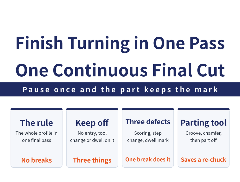 Four quick cards on continuous finish turning: principle card, the complete contour is produced by the final pass running continuously; no-go card, no lead in and out, no tool change, no dwell inside a continuous contour; defect card, surface scoring, abrupt shape change, dwell tool marks; parting tool card, groove first then chamfer and part off, and on small batches turn the outside diameter directly to avoid second-setup error