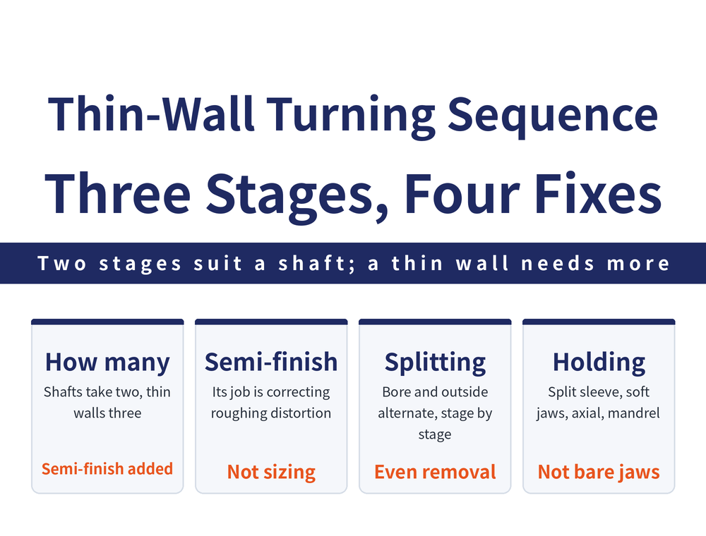 Four quick cards on thin-wall turning sequence: operation-count card, two passes for shafts but at least rough, semi-finish and finish for thin walls, with semi-finishing correcting roughing distortion; staging card, inside and outside surfaces roughed first then semi-finished, material removed evenly step by step; countermeasure card, clamping contact area, cutting heat, largest stock removed first, and residual stress in the blank; workholding card, split sleeve, sector soft jaws, axial clamping and expanding mandrel replacing a plain three-jaw grip