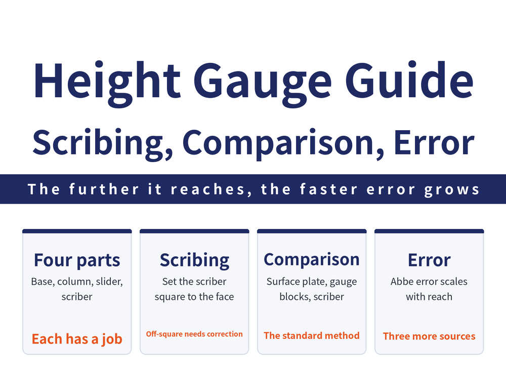Four quick cards on using a height gauge: construction card, what the base, column, slider and scriber each govern; scribing card, the scriber must be clamped square to the measured face and readings need a cos theta correction once a lever-type dial test indicator is fitted; comparison card, surface plate plus gauge blocks plus scriber is the setup JIS B 7517 uses to define height measurement error; error card, Abbe error scales with scriber offset h, with base lift, column squareness and temperature as the other three sources