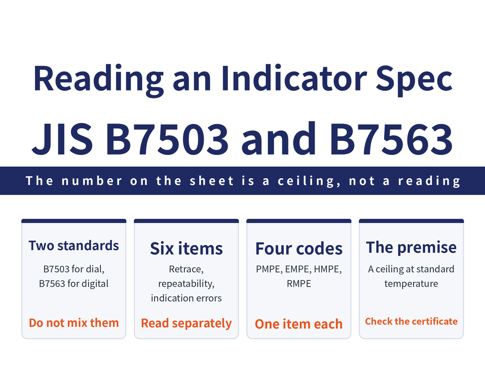 Four quick cards on reading a dial indicator spec sheet: standards card, mechanical indicators follow JIS B 7503:2017 and digital indicators follow JIS B 7563:2021; fields card, hysteresis error, repeatability, 1/10 and 1/2 and 1 revolution indication error, and full measuring range indication error; digital card, the four letters PMPE partial measuring range, EMPE entire measuring range, HMPE hysteresis, RMPE repeatability; conditions card, MPE is an upper limit at the standard temperature of 20 degrees Celsius, not a measured value