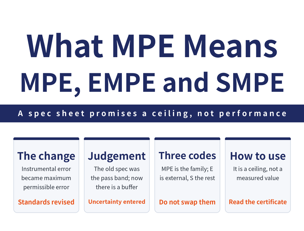 Four quick cards on the MPE system: revision card, JIS B 7507 for vernier calipers in 2016 and B 7517 for height gauges and B 7518 for depth gauges in 2018 replaced instrumental error with maximum permissible error; acceptance card, the old system made the specification zone equal the conformance zone while the new one leaves an uncertainty U buffer between them; code card, MPE is the umbrella term, EMPE covers external measurement, SMPE covers everything other than external measurement; usage card, the spec sheet figure is an upper limit promise, not a measured value