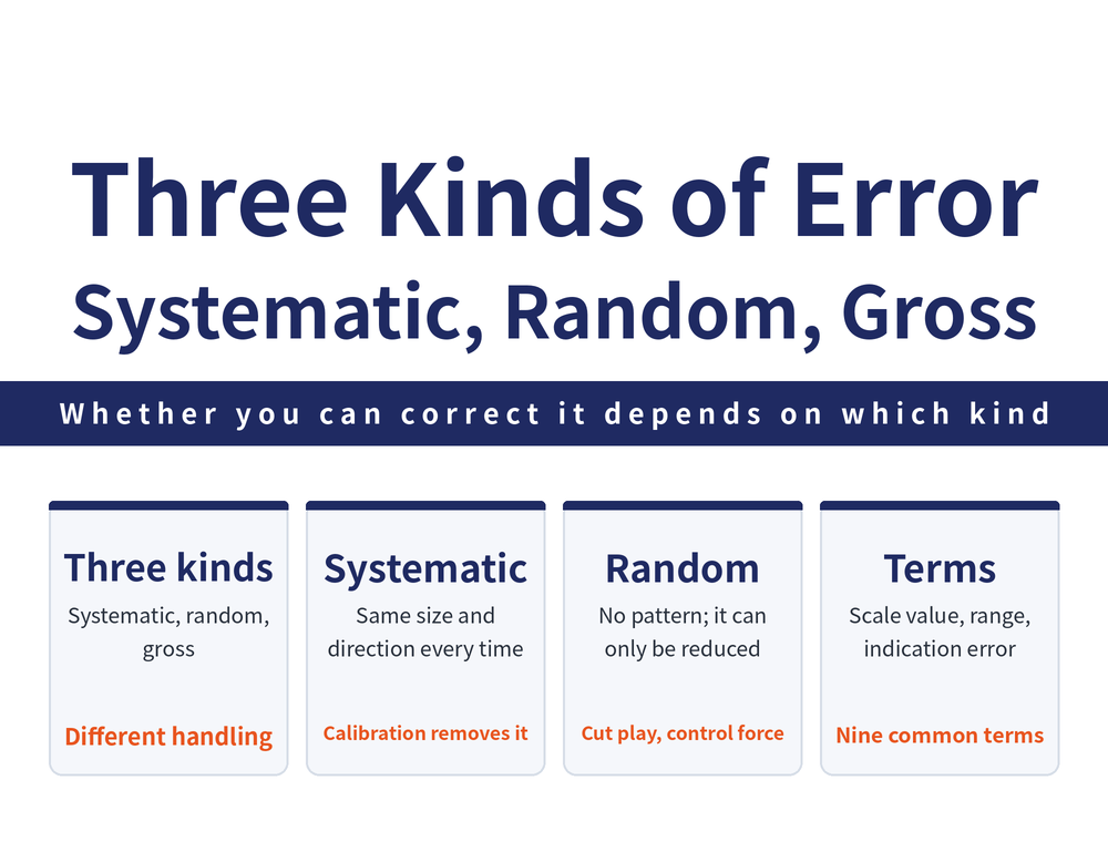 Four quick cards on measurement error classification: classification card, how systematic, random and gross error are told apart and whether each can be corrected; systematic error card, constant in size and direction on repeated measurement or varying to a rule, removed by scale correction and temperature control; random error card, varying in both size and direction with no rule, only reduced by removing clearance, using sensible measuring force and reading correctly; terminology card, nine common terms including scale interval, scale value, indication range, indication error and measuring force