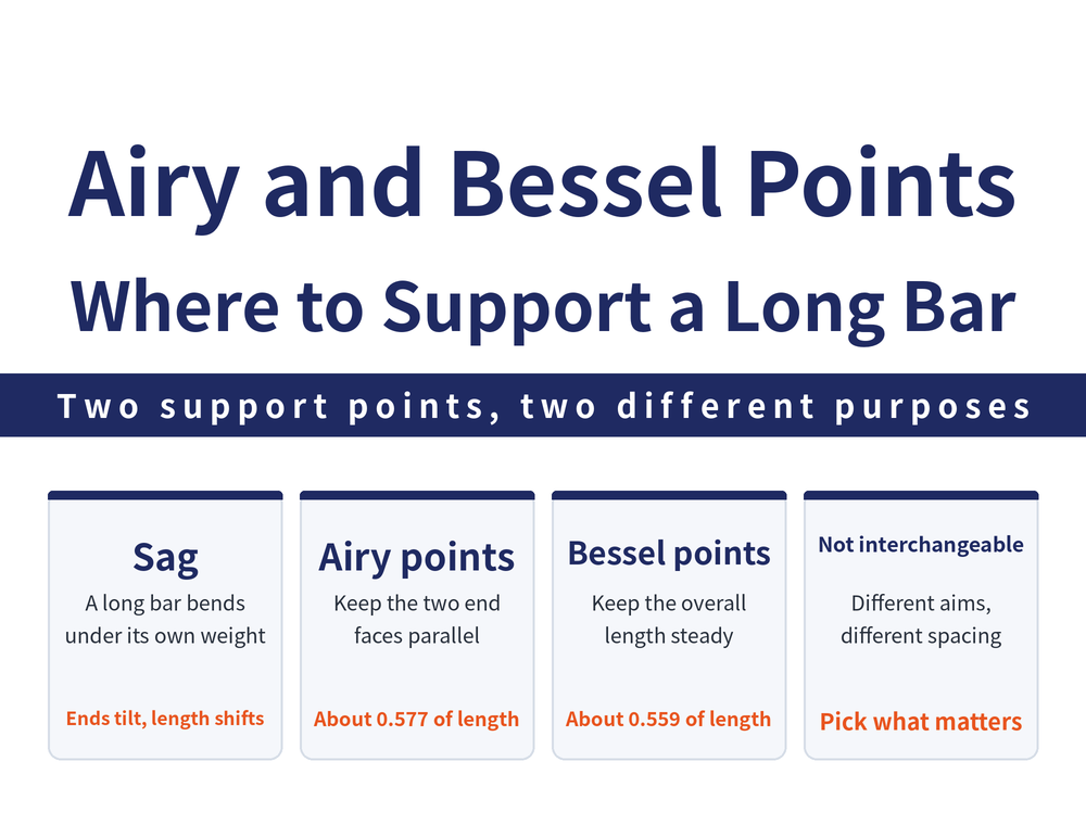 Four quick cards on long bar gauge support and tilt error: self-weight card, a long gauge laid horizontally sags under its own weight so the end faces rotate and the overall length changes; Airy point card, supports spaced about 0.577 of the overall length to keep the two measuring end faces as near parallel as possible; Bessel point card, supports spaced about 0.559 of the overall length to keep the change in overall length smallest; tilt error card, a bar gauge spanning a large bore reads the square root of bore squared plus or minus tilt squared, less the bore