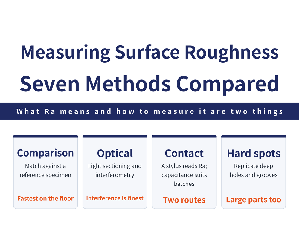 Four quick cards on the seven surface roughness measurement methods: comparison card, visual and tactile methods judge the part against comparison specimens on the shop floor with no instrument; optical card, the light section method uses a light section microscope and the interference method an interference microscope, both non-contact with interference the finest but laboratory only; contact card, the stylus method draws a tip across the surface for a direct Ra reading while the capacitance method judges from plate capacitance and suits large batch full inspection; hard to reach card, the replica method copies the profile in a plastic material for deep holes, blind holes, grooves, internal threads and large workpieces