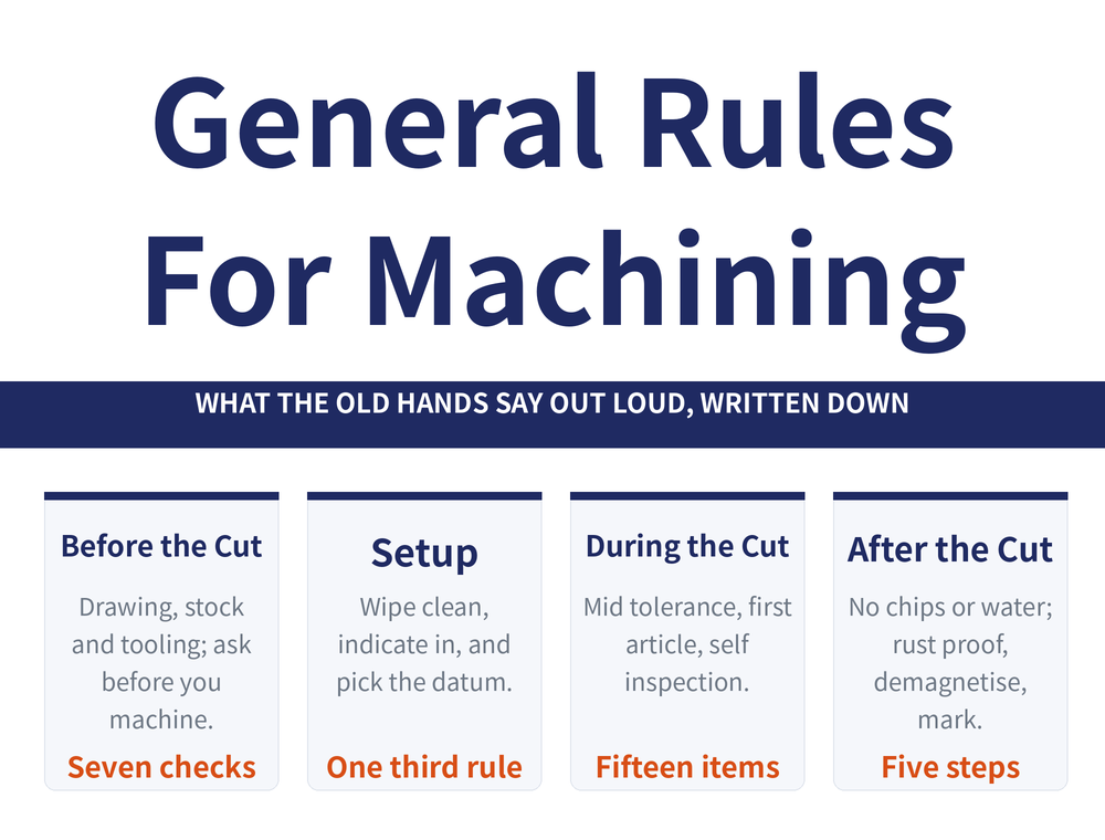 General machining practice rules summary card: main title 