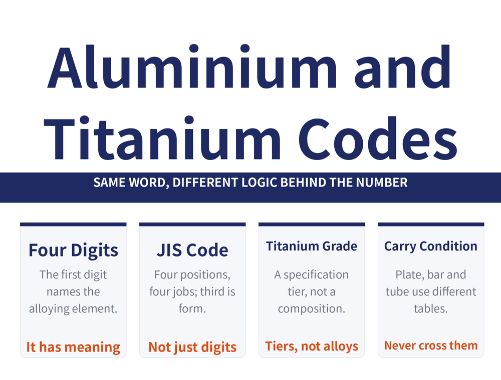 Aluminium and titanium designation summary card: main title "Aluminium and / Titanium Codes", ribbon "SAME WORD, DIFFERENT LOGIC BEHIND THE NUMBER"; four cards - Four Digits (The first digit names the alloying element. / orange: It has meaning), JIS Code (Four positions, four jobs; third is form. / orange: Not just digits), Titanium Grade (A specification tier, not a composition. / orange: Tiers, not alloys), Carry Condition (Plate, bar and tube use different tables. / orange: Never cross them)" width="1000" height="760